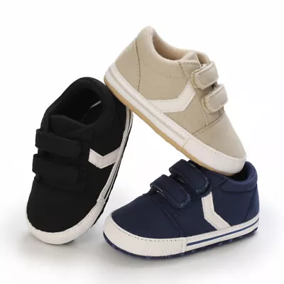 Newborn Baby Boy Canvas Pram Shoes Infant Kids Sports PreWalker Trainer 3 6 9 12 • £4.99