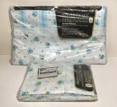 Vtg Wondercale Springmaid Blue Dimity Delight Queen Flat & 2 Standard Pillowcase • $38