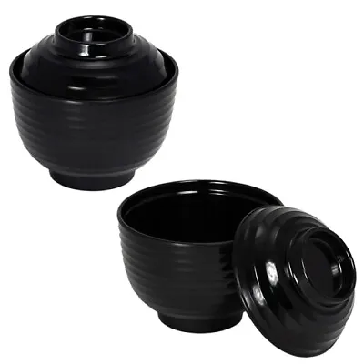 Japanese 4 D Black Melamine Shiruwan Sushi Miso Soup Rice Bowl With Lid • £14.43