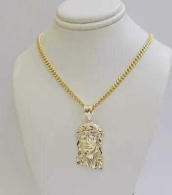 Mens 10k Gold Chain Necklace Charm Pendant SET 4mm Miami Cuban Link Jesus Face • $676.53