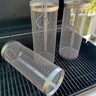 Rolling Grilling Basket BBQ Net Tube Stainless Steel Grill S/L Mesh Cylinder • $11.95