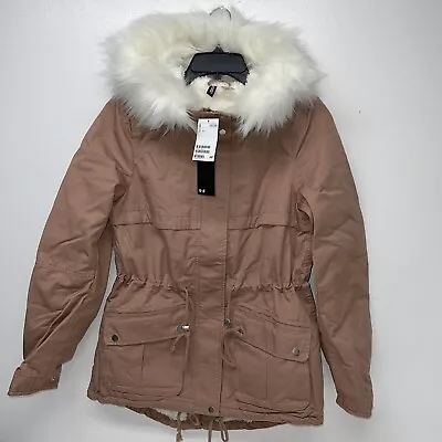 WMNS H&M Divided Faux Fur Lined Warm Parka Dusty Rose Hooded  Zip Jacket Sz 8 • $39.99