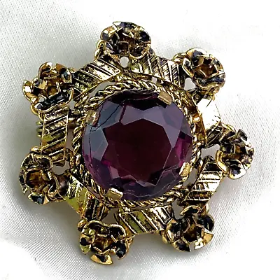 Vintage AUSTRIA Signed Gold Tonę Pin Brooch Purple Amethyst Stone • $14.99