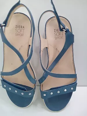 Women's Ziera Bianca Blue Leather Shoes Casual Sandals Flat White Soles As New • $46