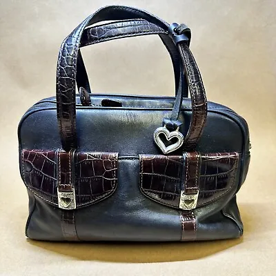 Brighton Leather Bucket Tote Satchel Handbag Black W/Brown Silver Hearts Vintage • $39.60
