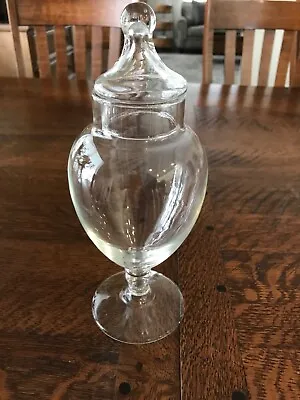 Vintage Apothecary Jar Footed Clear Glass Drug Store Candy Jar With Lid 10” Tall • $19