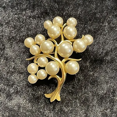 Vintage Gold Toned Tree Brooch With Multi Sized Faux Pearls 2 1/4  Tall • $11.95