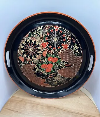 Vintage Made In Japan Laquer Round Tray Black With Orange Floral Design Handles • $18