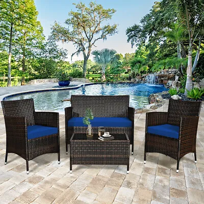 4PCS Outdoor Patio Furniture Set Cushioned Sofa Chair Coffee Table Peacock • $189.49