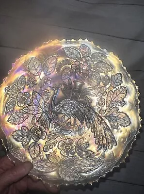 Vintage Carnival Glass -🦚  Peacock At The Urn 9  Plate - Fenton. Iridescent • $32.25