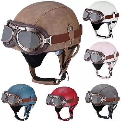 1x Vintage Leather Motorcycle Retro Half Helmet Scooter Bike Cruiser With Mask • $54.99