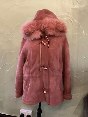 £86 • Buy Vintage Real Shearling Lambskin Sheepskin Pink  DUFFEL Coat Fur Trim Hood 44”