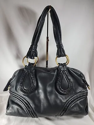 Via Spiga Cow Leather Ladies Shoulder Bag Black With Gold Leopard Print Lining • $30