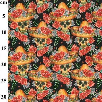 100% Cotton Fabric John Louden Mexican Sombrero Skulls Halloween 150cm Wide • £4.85