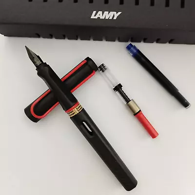 LAMY Black Fountain Pen Red Clip Limited Safari Fine Nib Never Used • $11.99