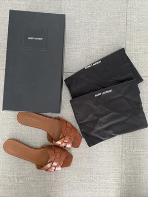 $450 • Buy YSL SAINT LAURENT Tribute SZ 38 /7 Aus Tan Slides Sandals Shoes (box+dustbags)