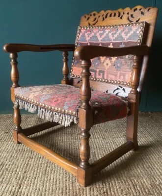 £395 • Buy Antique Arts & Crafts Metamorphic Monks Seat Coffee Table Chair Kilim Upholstery
