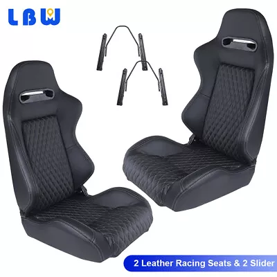 2PCS Reclinable Car Racing Seats Black PU Leather + White String Bucket Seats • $346.90