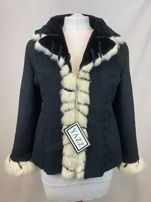 Y2K Yazz Short Afghan Coat - Black Faux Suede With Faux Fur Trim Size 14 • $67.87