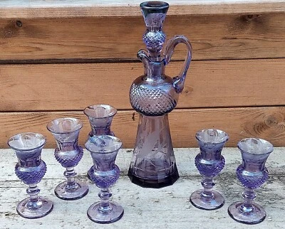 £350 • Buy ANTIQUE EDINBURGH CRYSTAL THISTLE AMETHYST LIQUEUR DECANTER GLASSES SET C.1890