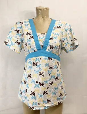 Cherokee Scrub Top Nurse Vet Shirt S Small 20  Pockets Butterflies Blue Yellow • $0.99