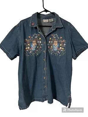 Vintage Bobbie Brooks Women’s Denim Embroidered Cat Shirt XL 18/20W Pre-Owned • $18.99