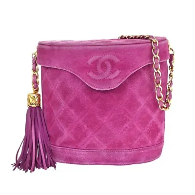 CHANEL CC Logo Fringe Shoulder Vanity Bag Suede Leather Purple Vintage 638HB349 • $1480