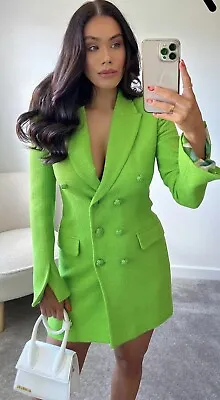 Bnwt Zara Neon Green Textured Double Breasted Blazer Dress Size S • £45