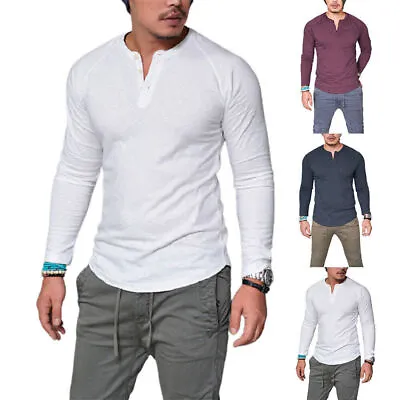 £11.39 • Buy Mens Grandad Collarless Button Up T-Shirt Long Sleeve Henley Shirts Tee Blouse+