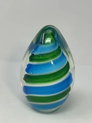 Art Glass Paperweight Egg Shaped Striped  Large Blue Green Vtg 5.75” Tall 3 Lbs • $23.99