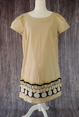 NWT Boho Chic Tan Shift Dress Short Applique Embroidered Short Sleeve M/L 42/10 • $14.04