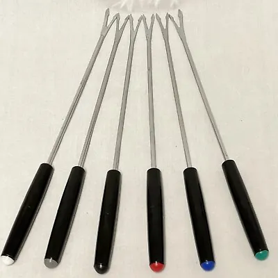 $14.99 • Buy 6 Pc Stainless Steel Fondue Forks Black Plastic Handles Colored Tips Japan