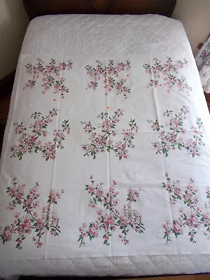 VTG COTTON PRINTED TABLECLOTH CRAFT/CUTTER APPLE? BLOSSOMS 49 X54  SPOTS • $9.99