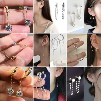 925 Silver Chain Tassel Earrings Ear Stud Drop Women Cubic Zirconia Jewelry Gift • $2.52
