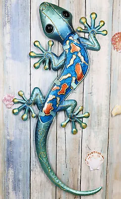 $32.99 • Buy Ebros Crawling Green Metal Lizard Gecko With Blue Glass Body Wall Decor 18.5 L