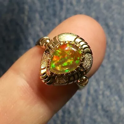 14k Solid Yellow Gold Mexican Fire Jelly Opal Ring Sz 4.75 With Play Of Color • £502.86