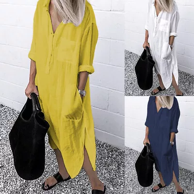 $33.39 • Buy ZANZEA Womens Cotton Linen Long Sleeve V Neck Side Split Oversized Shirt Dress