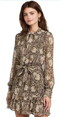 Paige Womens Vittoria Tan Silk Floral Print Neck Tie Mini Dress Large  • $79.99