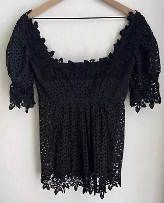 Moda International Lace Puff Sleeve Square Neck Eyelet Black Size S / Small • $7