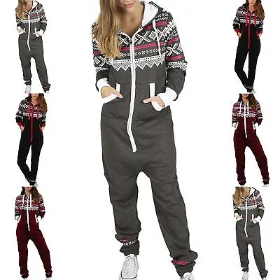 Womens Ladies Aztec Printed Hooded Jumpsuits Long Sleeve Zip Up Pajamas Wear • £14.99