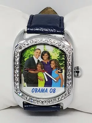 Unisex Obama Family '08 Silver Tone Crystal Accent Blue Faux Leather Watch C1 • $34.99