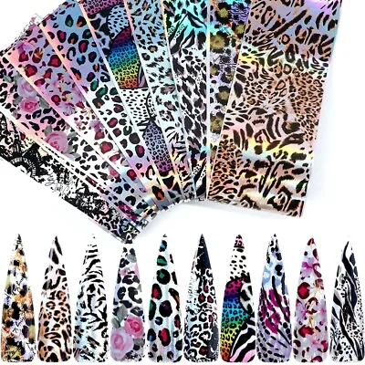 10 X LASER LEOPARD Nail Art Foils Nail Transfer Foil Wraps Decal Glitter Sticker • £2.40