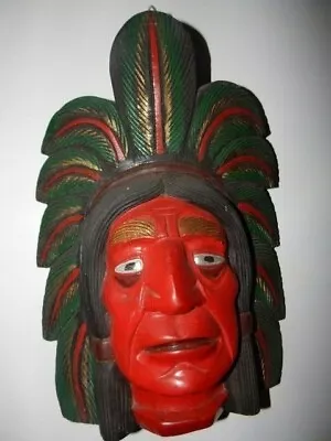 Carved Wood Red Native American Indian In Head Dress Painted  • $61