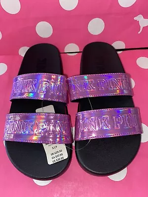 Victorias Secret PINK Slides Iridescent Double Strap Logo Small • $32.39