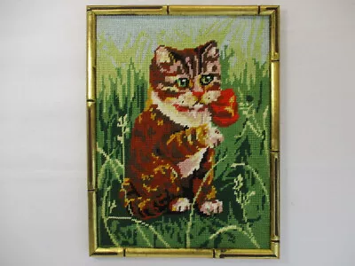 Vtg Cat Needlepoint Framed Picture Handiwork Orange Tabby Bow Kitten 12 X9  • $29.99