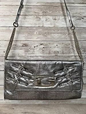 Vintage Guess Silver Clutch Purse Shoulder Bag Removable Adjustable Strap 12x6” • $12