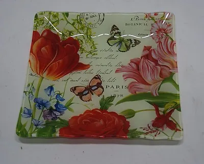 £7.99 • Buy Large Chic Stamp Postcard Script Butterfly Garden Glass Jewellery Dish Tray