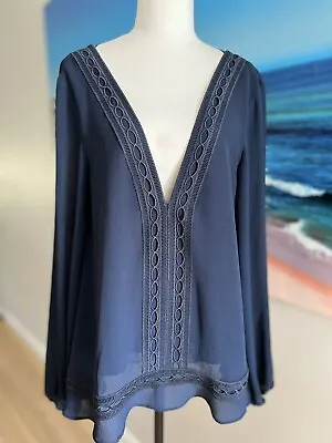 $25 • Buy Finders Keepers Navy Deep V Neck Blouson Sleeves Blouse Size M