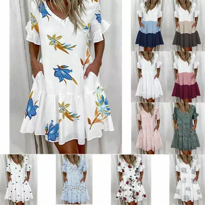 $19.52 • Buy Women Short Sleeve Summer Dress Ladies Ruffle Frill Mini Swing Dresses Plus Size
