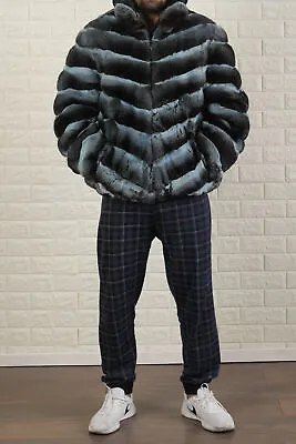 Men Real Rex Rabbit Fur Coat Nature Chinchilla Color Jacket Winter Thick Outwear • $568.42